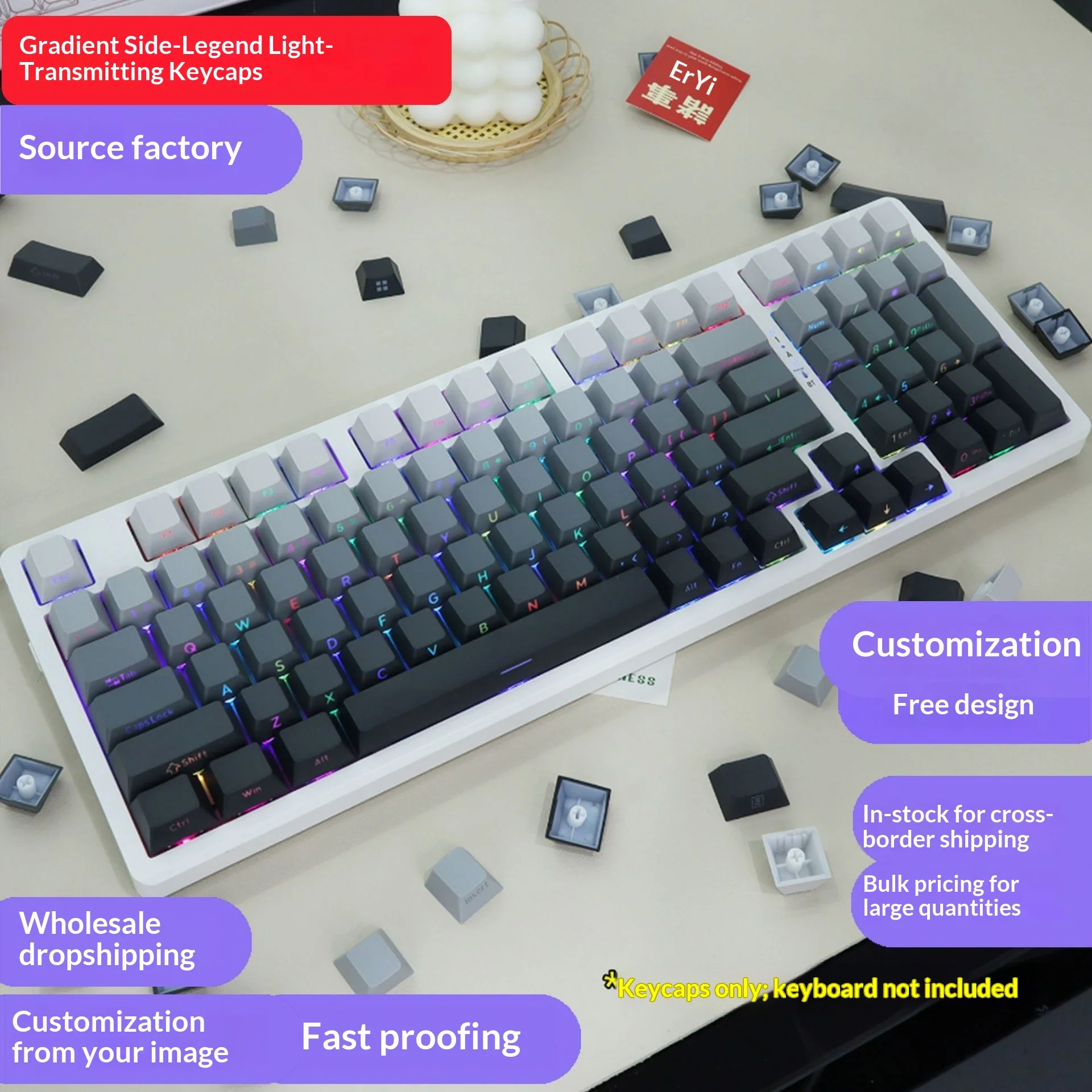 KUXM PBT Gradient Side Printed Backlit Keycaps Side Legends Translucent Keycaps for Mechanical Keyboard DIY