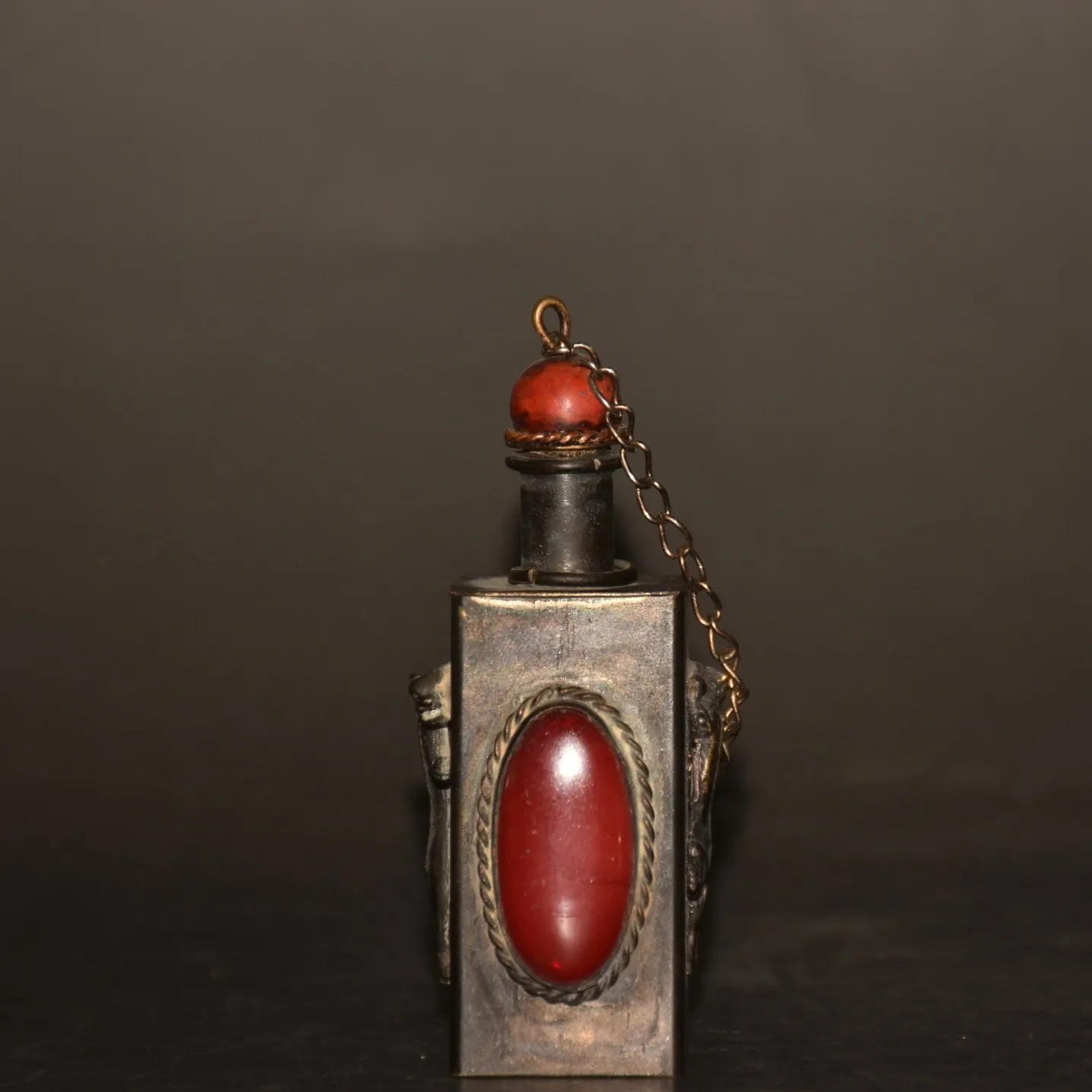 Antique Old Brass Carved Ruby Snuff Bottle