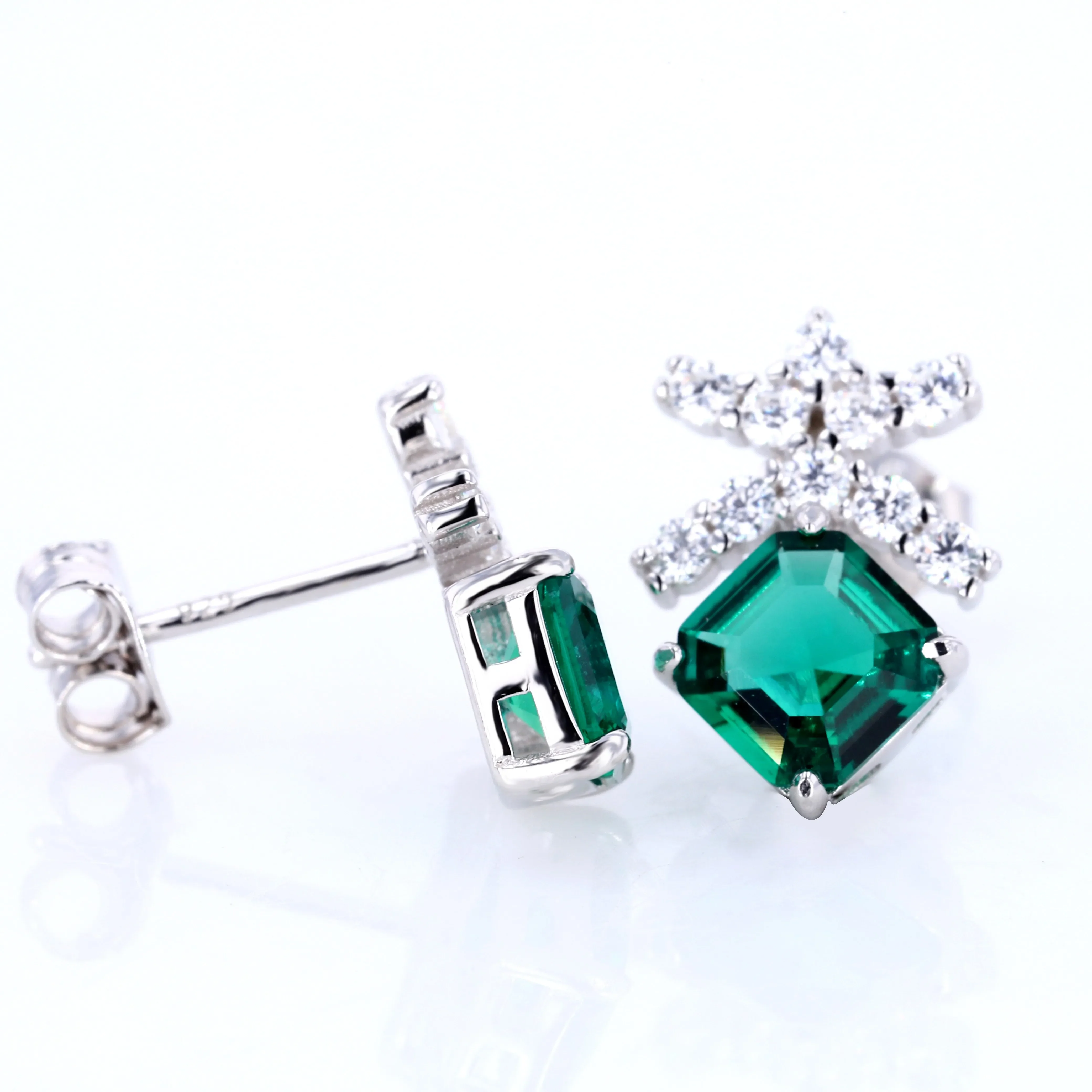 

New 925 Sterling Silver 6x6mm Asscher Cut Lab Emerald Gemstone Stud Earrings for Women Wedding Engagement