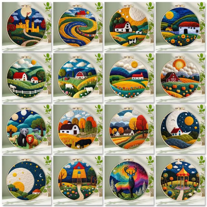 

DIY Wool Felting Painting Kit With Frame House Landscape 20x20cm Needle Felting Kit Starter Set For Home Decors Crafts Gift
