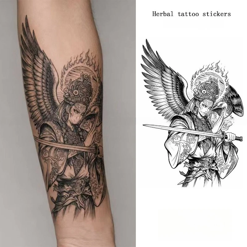 Angel Warrior Sword God Herbal Tattoo Sticker Waterproof Waterproof Temporary Tattoos for Woman Man Dark Arm Cover Scar Tattoo