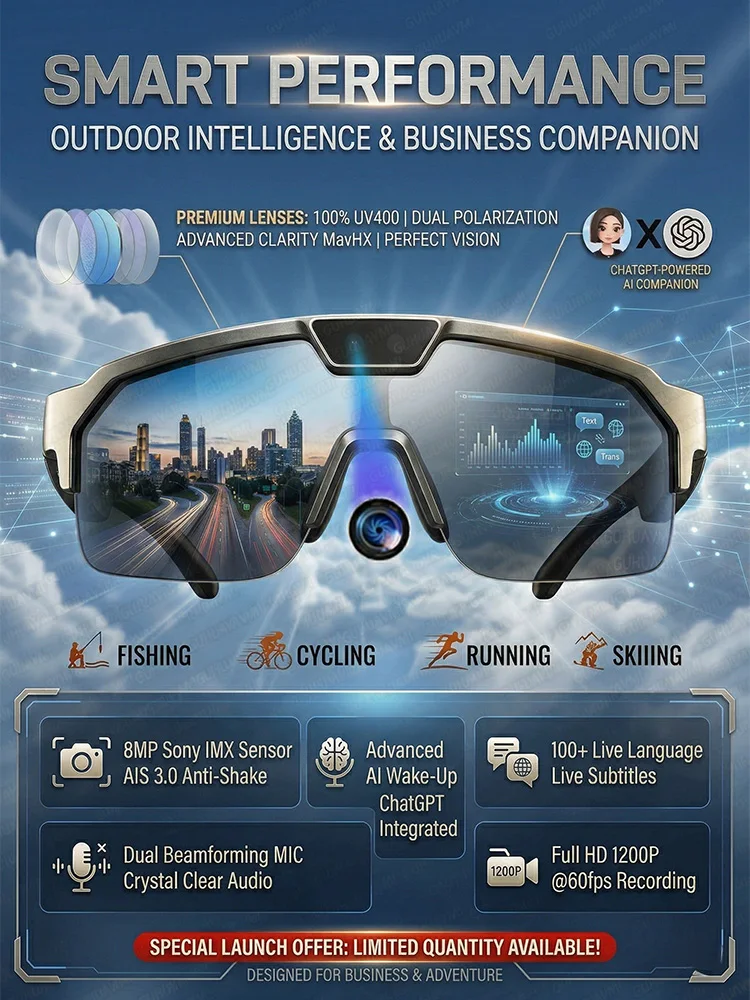 AliExpress GUHUAVMI 2026 Cycling AI Smart Glasses Men 3000W Camera 1200P Video ChatGPT AI Voice Assistant 32GB 150+Translation WiFi Smart Sunglasses