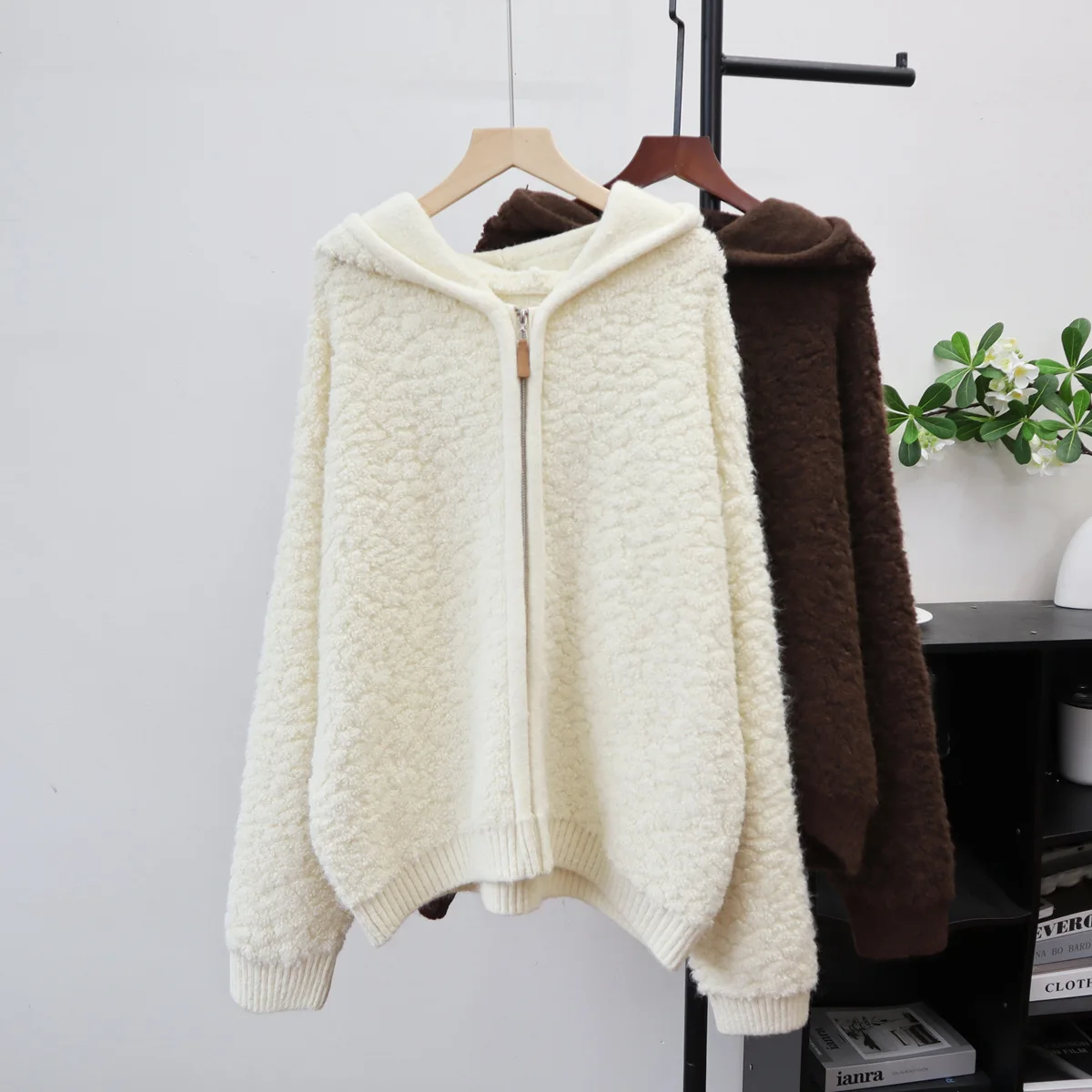 

Bouclé Knitted Cardigan Sweaters Women Solid Jumpers Zipper Hooded Long Sleeves Thick Loose Fit Casual Office 2025 Autumn Winter