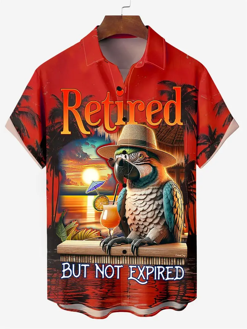 Men's Hawaiian Short Sleeve Shirt Parrot Sunset Palm Retired Slogan Print Novelty Casual Summer Beach Daily Top