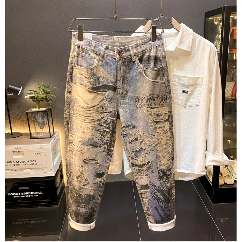 

Американские элитные мужские джинсы с ретро-принтом, новинка осени 2025 года, крутые и свободные длинные брюки прямого кроя