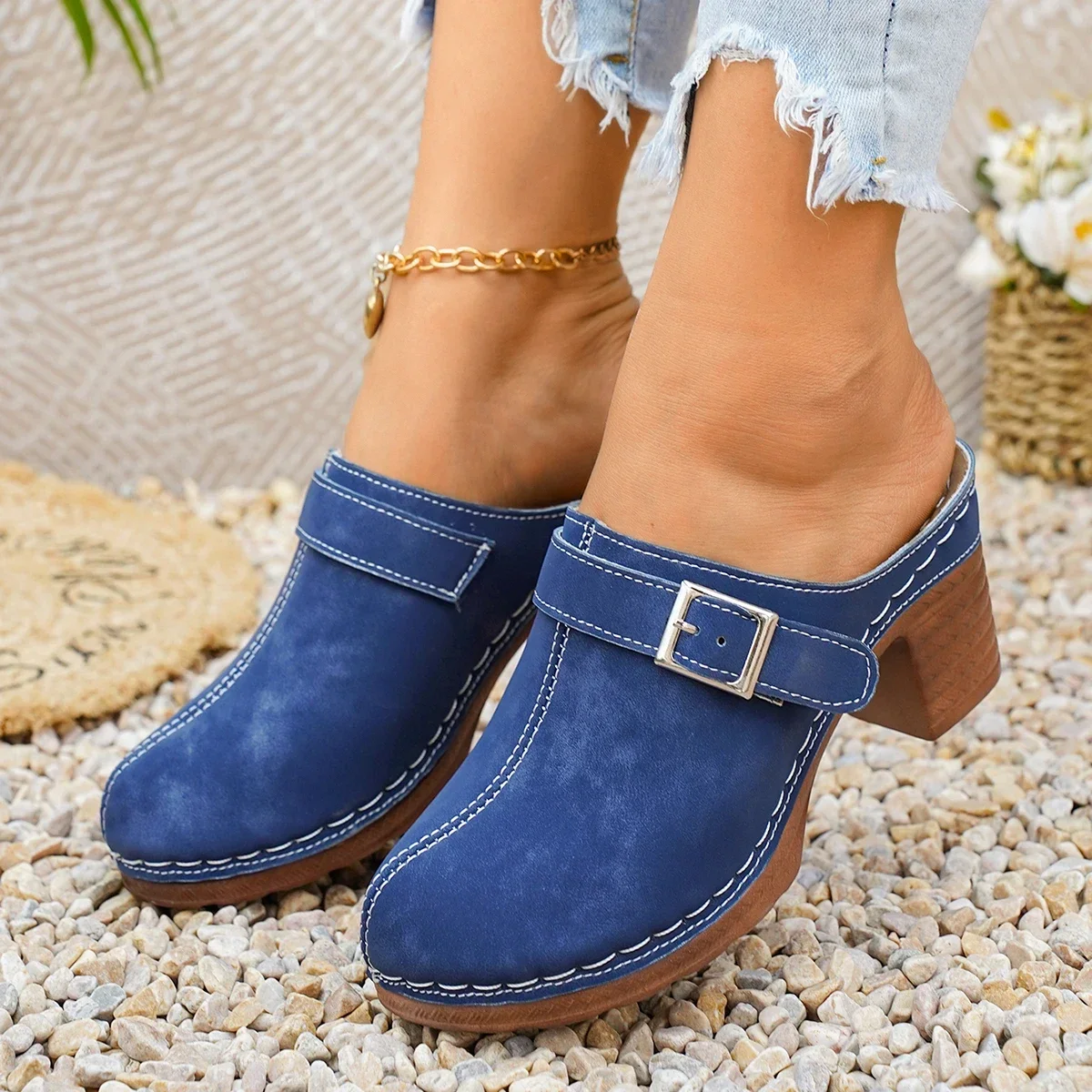 Damen Mules Pantoletten mit hohem Blockabsatz, geschlossene Zehenpartie, zum Hineinschlüpfen, Vintage, Sommer, lässig, bequeme Gehschuhe, Größe 36-43 – Detail 15