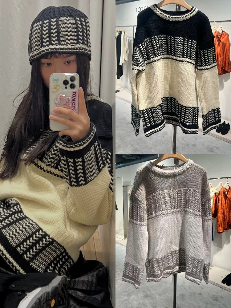 

Sle, мягкий уютный круглый вязаный свитер, женский свободный крой, цветной полосатый топ в стиле ретро, модный теплый шерстяной свитер