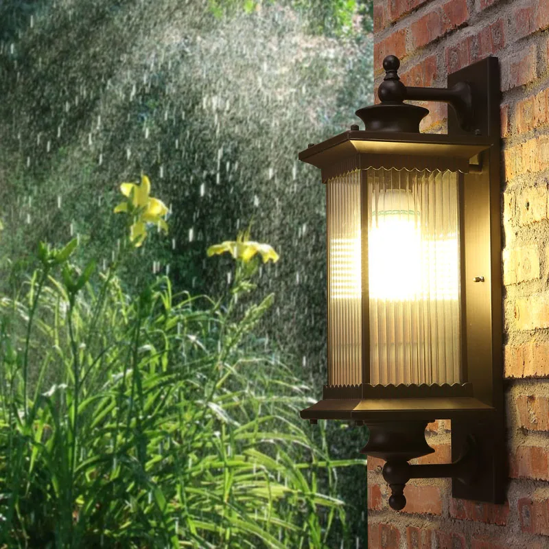 Large Aluminum Outdoor glass Wall Lamp LED Antique Brown Courtyard Hotel Garden lighting E27 Waterproof Villa Gate Light sconce