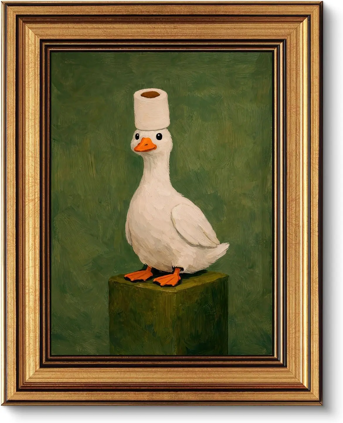 Ornate Vintage Gold Framed Canvas Wall Art, Funny White Duck Toilet Paper Hat Oil Painting, Humor Retro Bathroom Restroom Dec