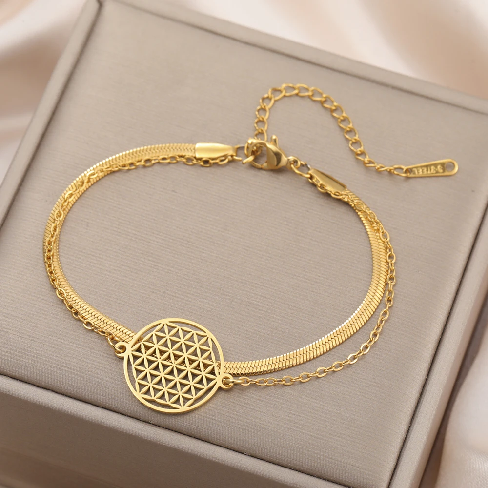 Dawapara Flower of Life Women Bracelet Mandala Sacred Geometry Yoga Meditation Amulet Stainless Steel Jewelry