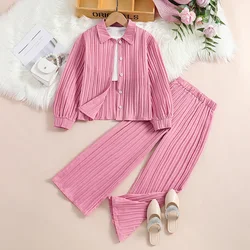 Girls Clothes Sets 4-12 Years Long Sleeve Pink Coat & Pink Pants  For Girls Solid Color Korean Style Suits Casual Clothes Sets