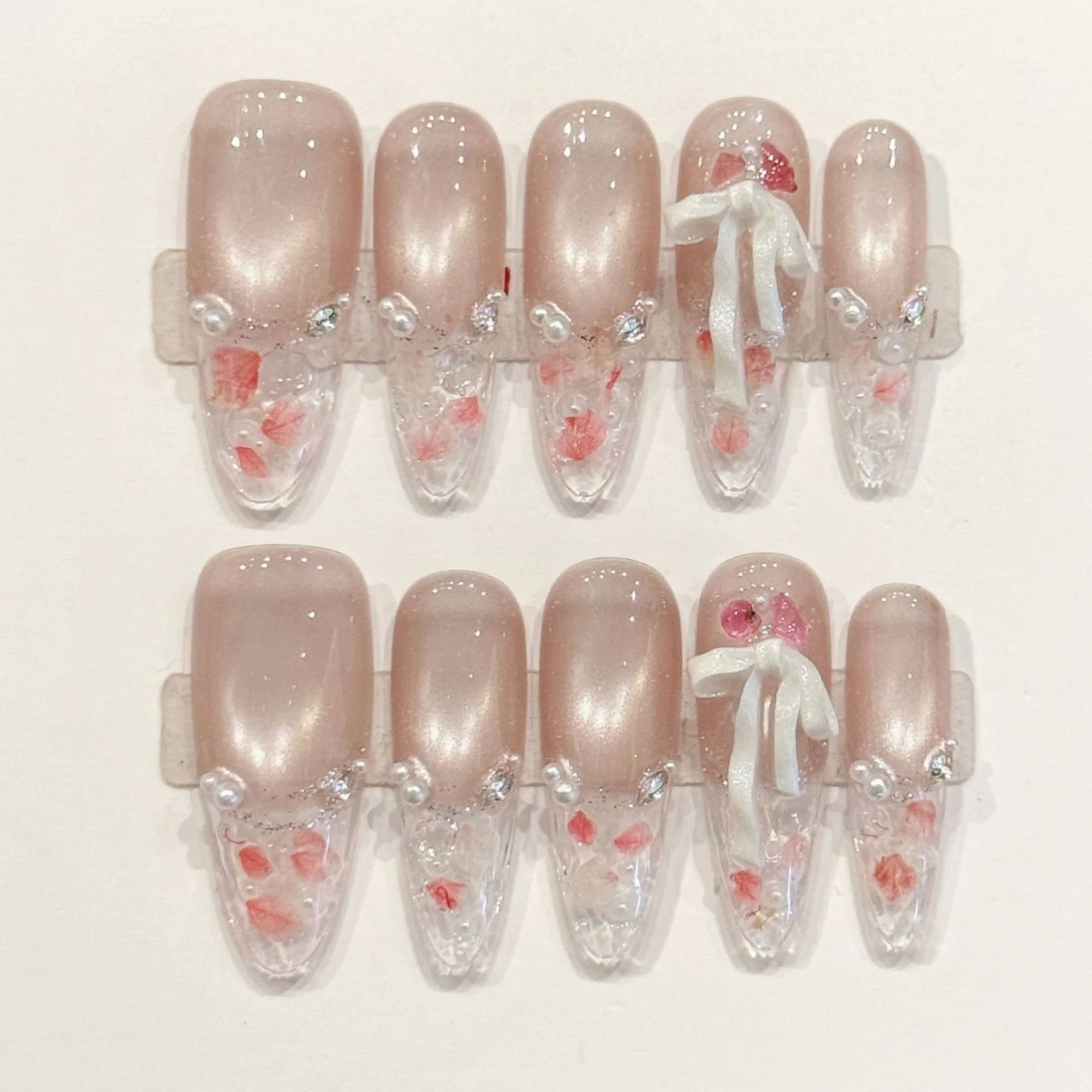 

10pcs Nude Pink Handmade False Nails Art Rhinestone Flower Design French Fake Nail Tips Reusable Long Oval Press on Nails Sets