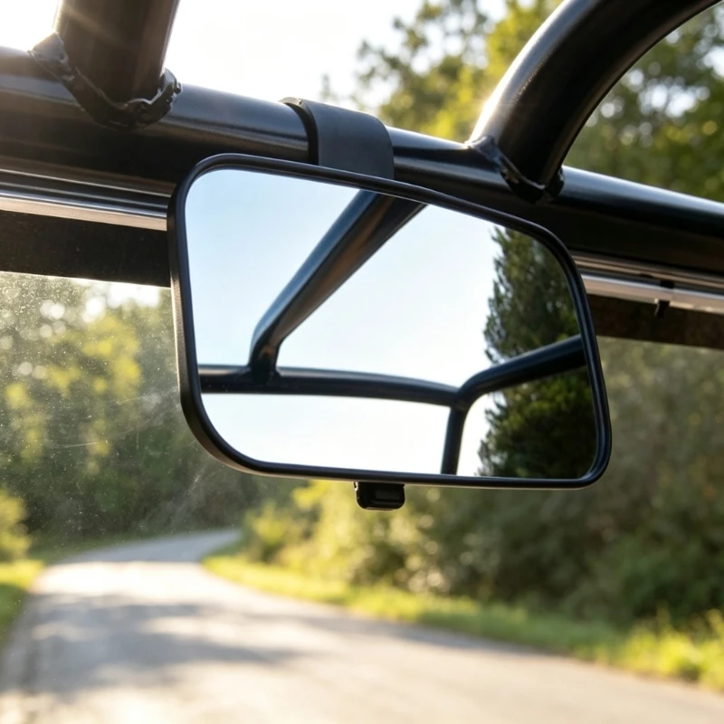 UTV Rear View Mirror with Wide Rectangular Glass, Adjustable Viewing Position, and Clamp-On Bracket for Round Roll Bars without