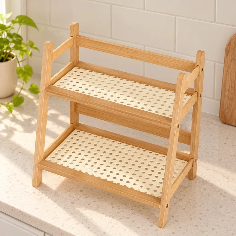 Two-Tier Bamboo Countertop Organizer – Compact Storage Shelf for Coffee Mugs, Cosmetics, Kitchen & Bathroom