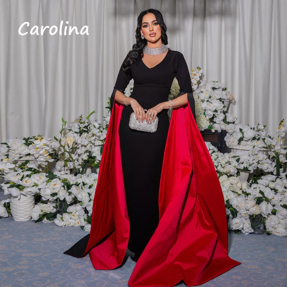 Carolina Slim Black V-Neck Crepe Mermaid Prom dress 2024 Red Satin Long Sleeve Floor-Length Formal Evening Dress