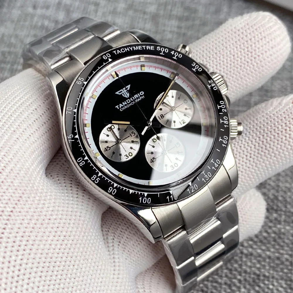 Tandorio Chronograph ควอตซ์นาฬิกาดําน้ํา 38 มม.Sapphire VK63 การเคลื่อนไหวนาฬิกาจับเวลาสีดําสีขาวสายสแตนเลส Montre Homme