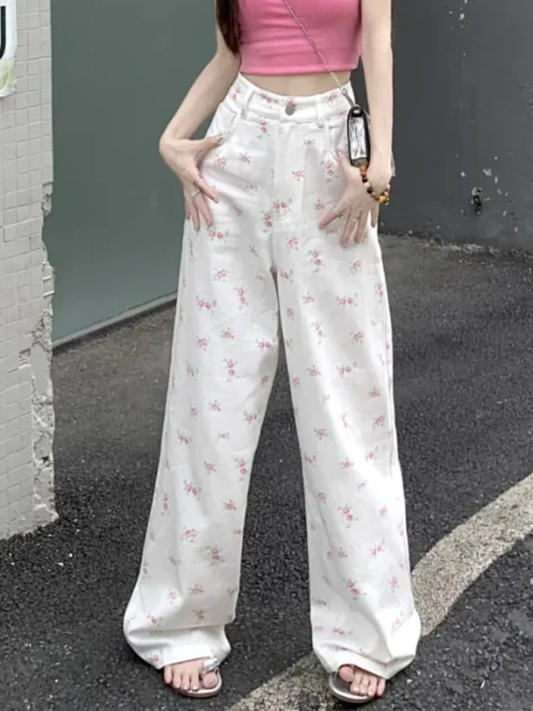 Sweet Print Jeans Women Y2k Pockets Spring Autumn Cozy High Street Casual Femme Cute Simple Full Length All-match Denim Vintage