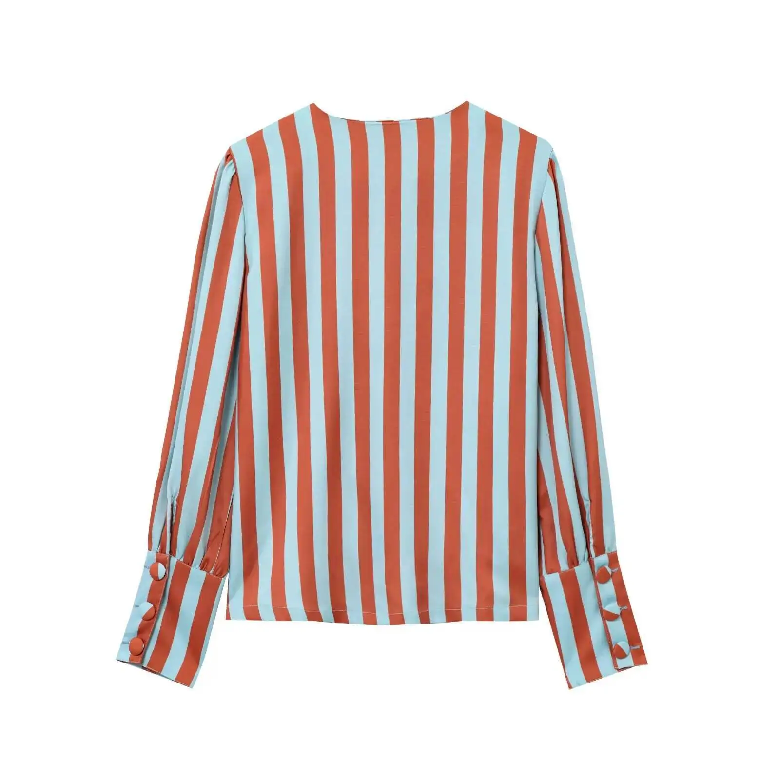 2025 Spring Summer Women's Striped Blouse O-Neck Long Bubble Sleeve With Buttons Shirt Fashionable Chic Tops