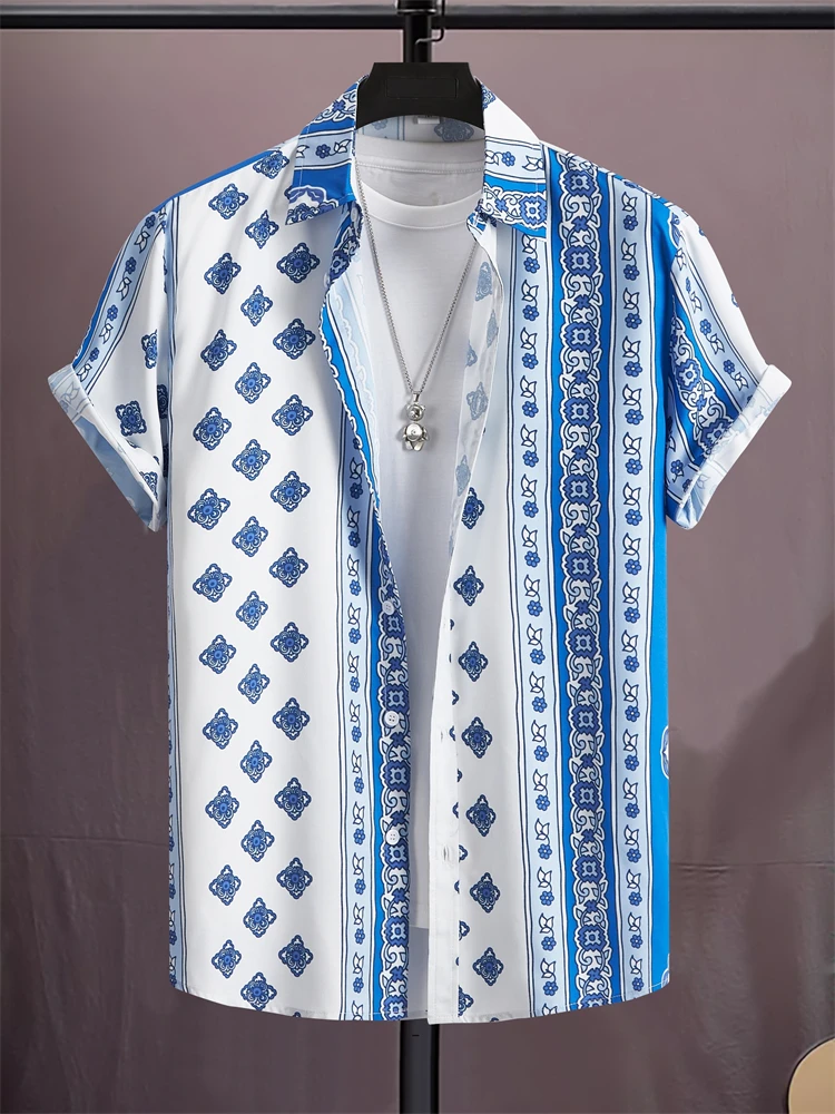 

Весенне-летняя мужская пляжная рубашка с коротким рукавом, свободная повседневная рубашка на пуговицах с лацканами, модная уличная мужская рубашка большого размера