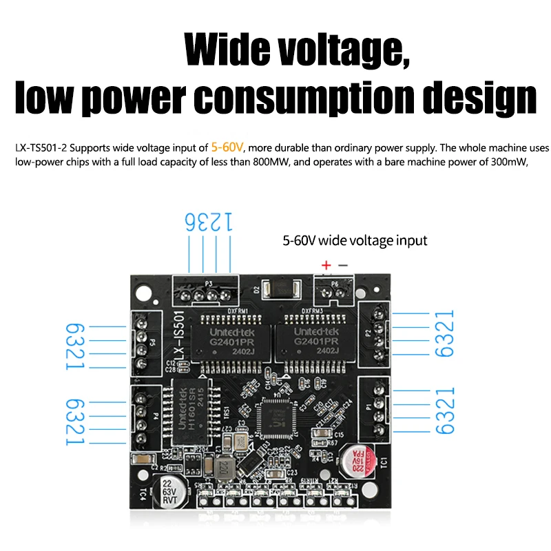 Module de commutation de qualité industrielle, 5 ports, 100Mbps, DC 5V-60V, interrupteur d'alimentation PCBA