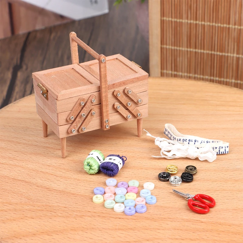 New 1:12 Dollhouse Miniature Wooden Sewing Supplies Box with Needle Scissors Knitting Tool Tailor Set Dolls Pretend Play Toys