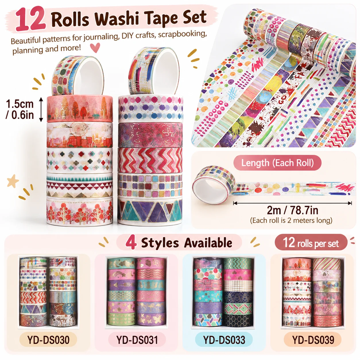 12 Rolls Christmas Gold Foil Washi Tape, 1.5cm x 2m 4 Styles for Journal Scrapbook DIY Gift Wrap Craft Holiday Home Decor