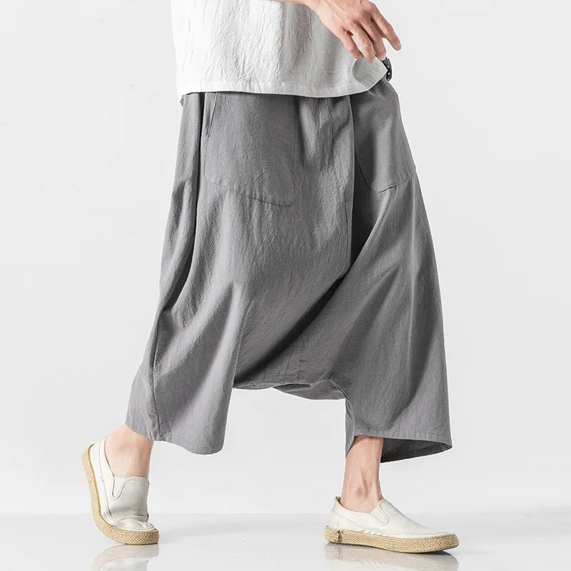 

Men's Cotton and Linen Pants, Casual and Loose, Low Crotch Pants, Oversized Japanese Hong Kong Style Cropped Pants,