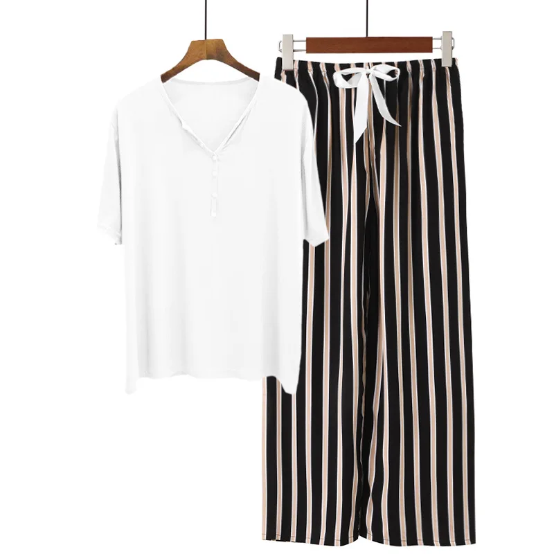 Spring Summer Ribbed Modal Pajamas Sets V Neck Viscose 2pcs Homewear Relaxed Knit Layer Lady's Casual Loungewear