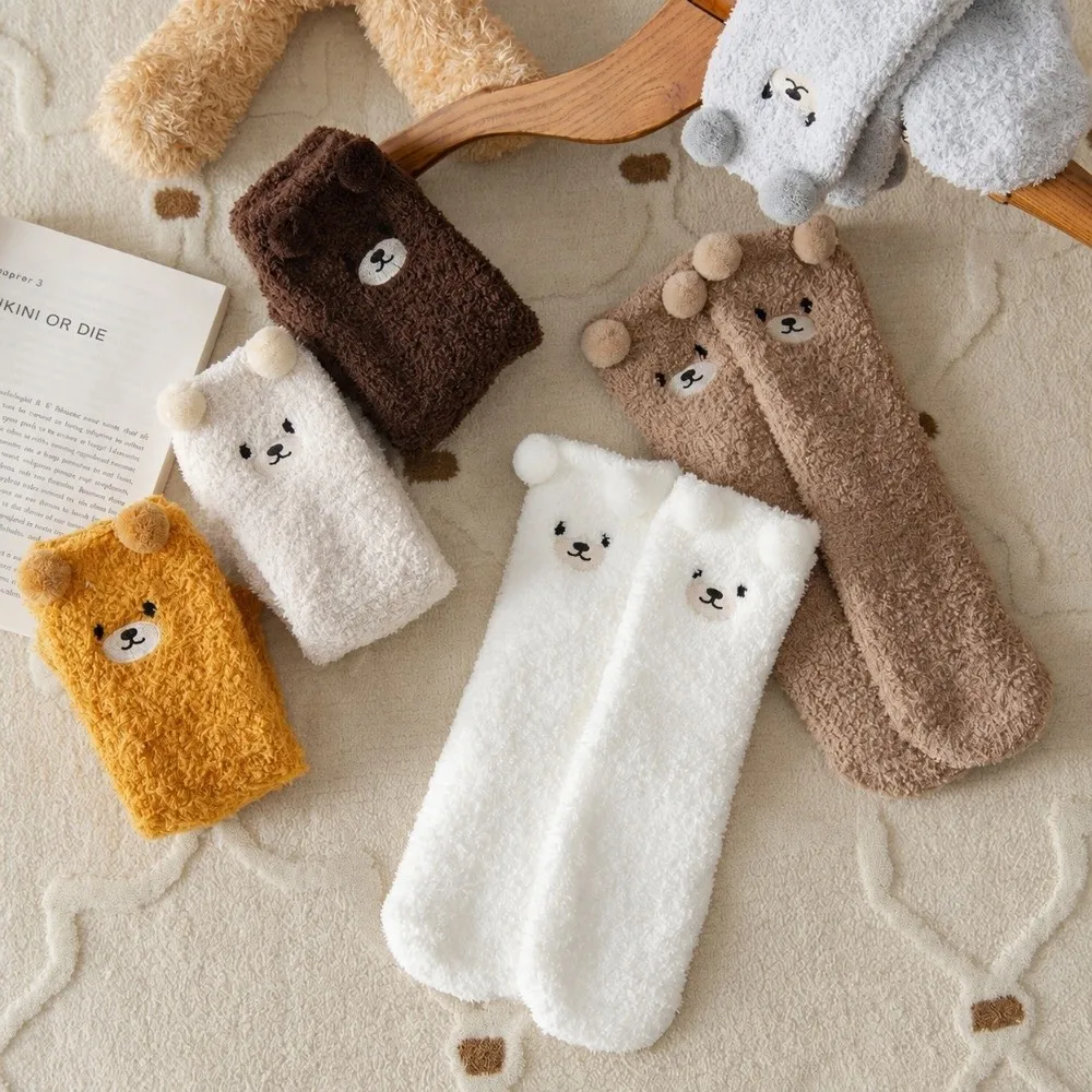 Cartoon Bear Design Baby Socks Coral Velvet Warm Infants Stocking Knee Protection Thickened Socks for 0-5year Kids