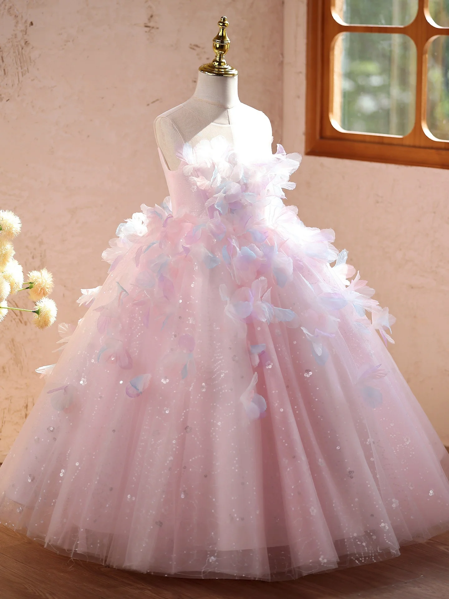 Custom JDY High Halter 3D Petal Glitter Tulle Luxury Dress Female Wedding Guest Girls Wedding Birthday Party Pageant Show Dress
