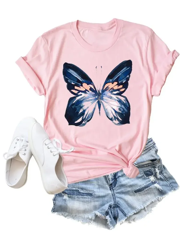 Camiseta con estampado de flores y mariposas para mujer, ropa de moda, camisetas de dibujos animados, camiseta estampada informal para mujer