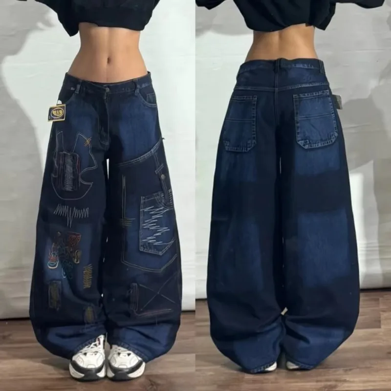 Y2K Fashion New Letter Patch Embroidery Washing Old Baggy Jeans Women Street Vintage Gothic Hip Hop Pop High Waist Wide Leg Pant