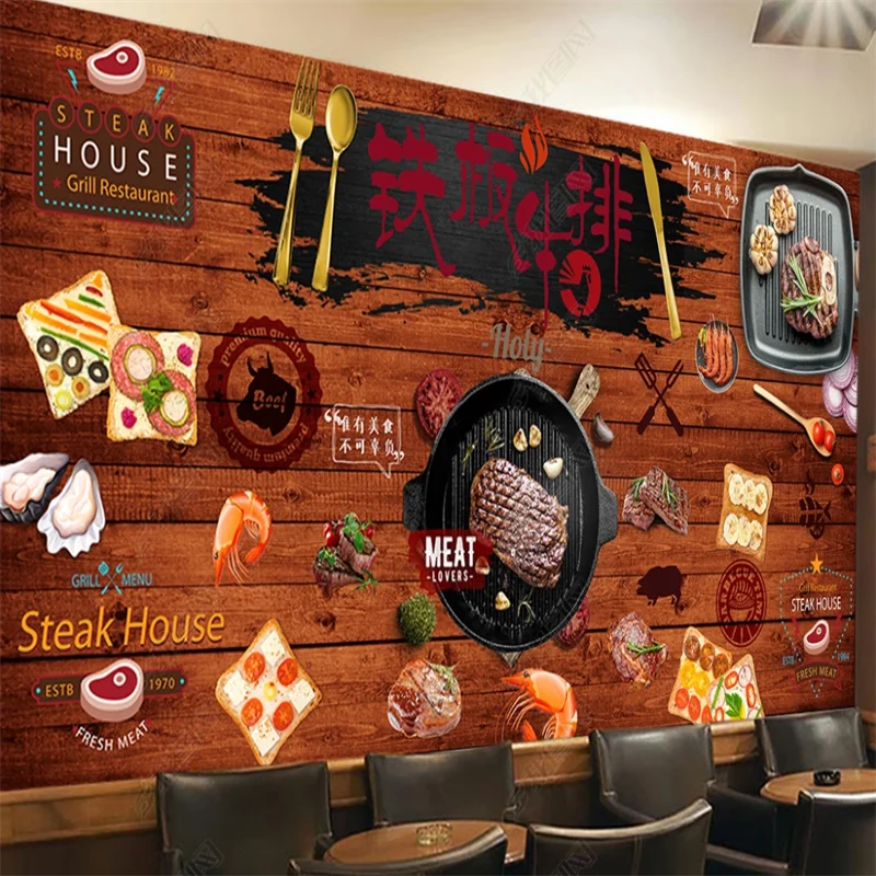 

Custom Retro Wood Steak Barbecue Bread Wallpaper Industrial Decoration Mural Restaurant Bar Hotel Background 3D Wall Paper