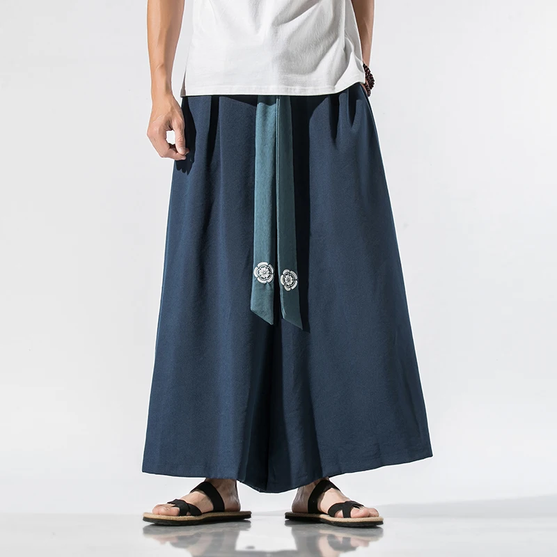 Summer Men Wide Leg Pants Mens Cotton Linen Retro Trousers Man Chinese Style Hanfu Pants Male Big Crotch Nepal Robe Pants