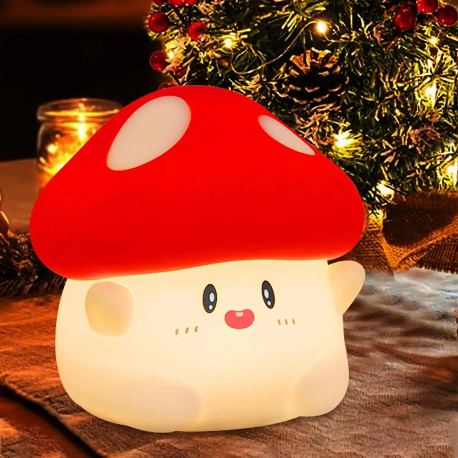 Red Mushroom LED Ambient Night Light, USB Charging, Two Adjustable Brightness Levels, Bedside Companion Sleep Timed Pat Light