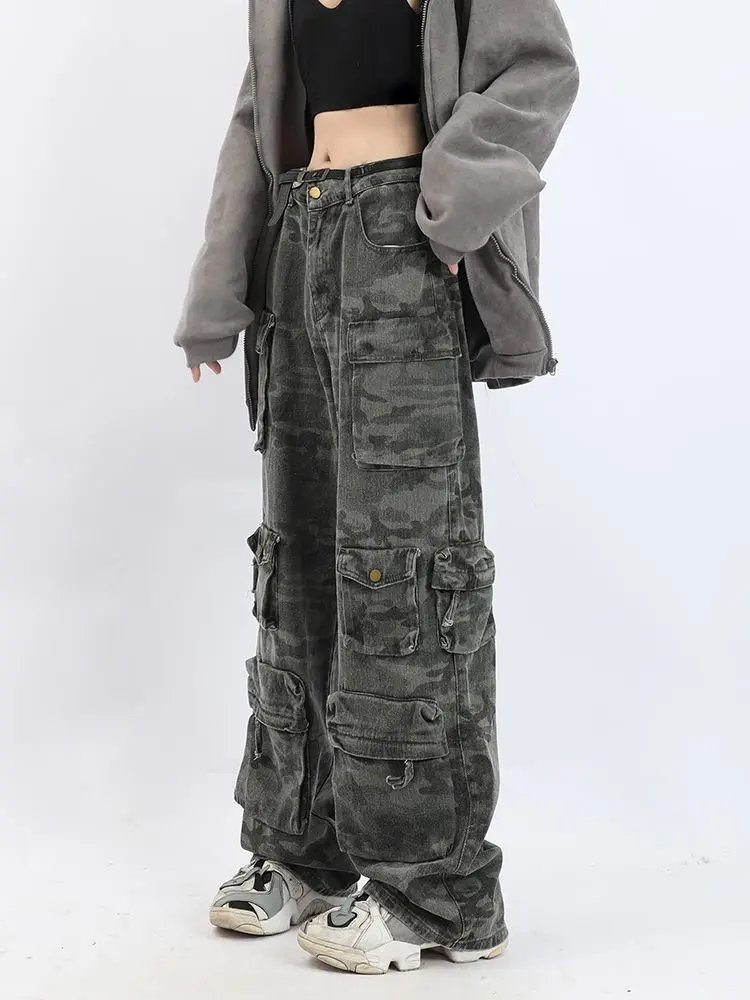 

Retro Hip Hop Camouflage Cargo Pants Multi-Pocket Wash Y2k Fashion High Waist Jeans Woman Couple Harajuku Casual Wide Leg Pants