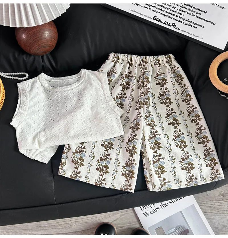 Summer Kids Clothes Set 1-6T Sweet Girls Hollow-out Vest + Flower Pants Loose Ventilate Children Outfit 2PCS
