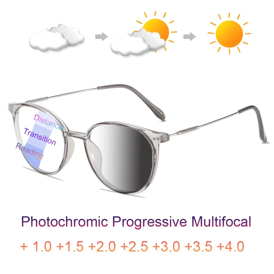 

2 Pcs 1.0-4.0 Metal Photochromic Progressive Multifocal Eyeglasses Anti-blue Light Free Shipping Reading & Presbyopic Glasses