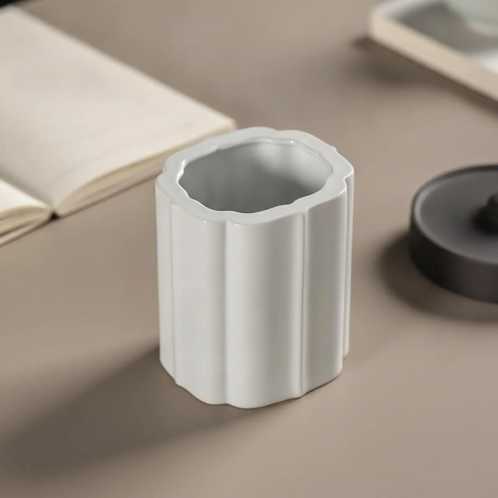 Calligraphy Brush Holder Ceramic Desk Organizer for Artist Student Fluted Cylinder Glazed Celadon Paintbrush Pen Storage