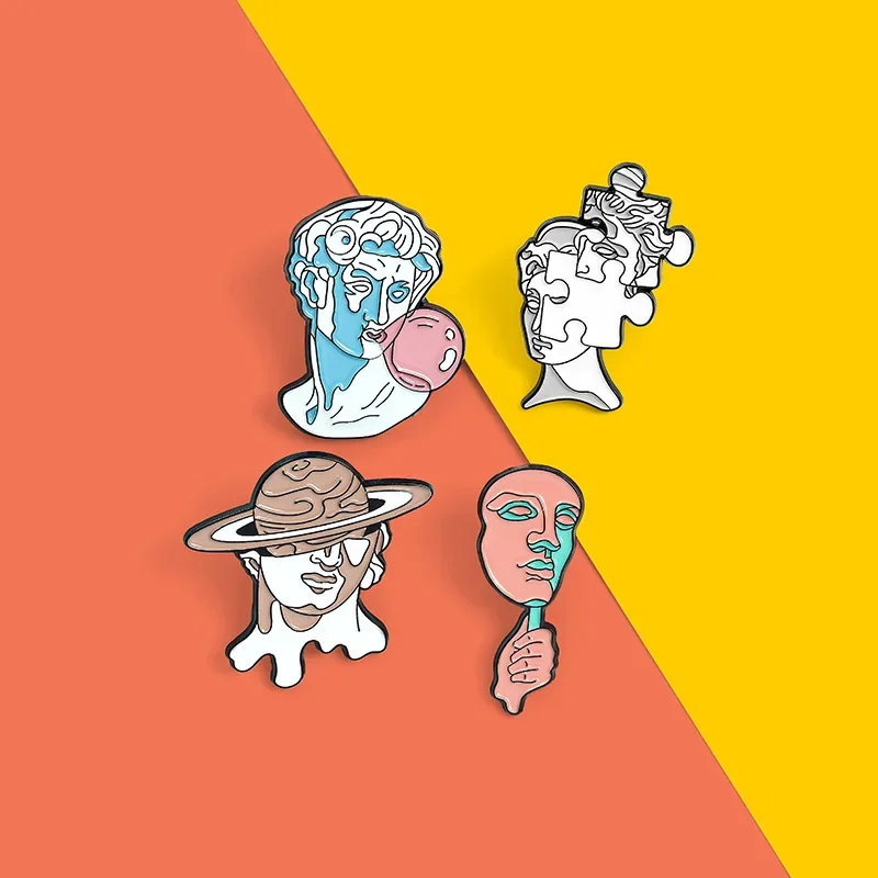 Statue Enamel Pin Colossal Hellenistic Statues Lapel Pin Roman Sculpture With Mirror Puzzle Bubblegum Planet Brooch Spoof Design image 3