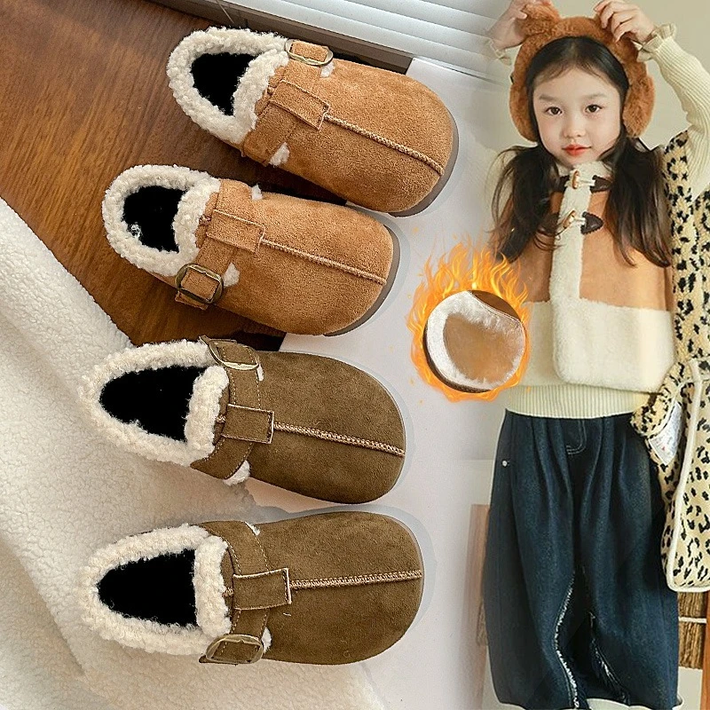 

Детская хлопковая обувь для детей 2–18 лет, коричневые меховые туфли для мальчиков и девочек, мягкие нескользящие детские туфли на плоской подошве, детские короткие сапоги