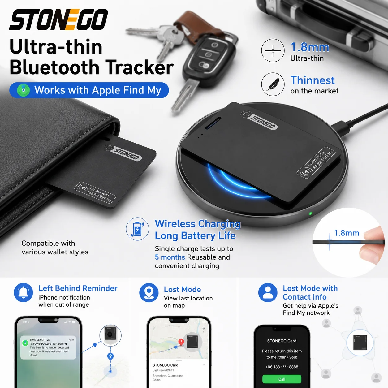 

Rechargeable Ultra Thin Pet Wallet Tracker Waterproof Key Finder Portable GPS Tracker Anti Lost Alarm for Personal Safety Smart Credit Card Size Item Locator Wireless Luggage Tracking Tag for Passport Travel Bags