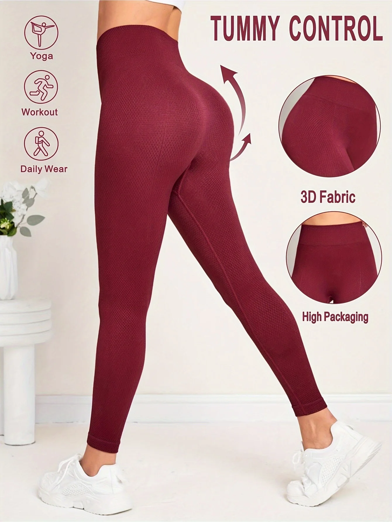 Burgundy Honeycomb Seamless Yoga Leggings High Waist Butt Lifting Sports Pants Women Tummy Control Gym Fitness Running Workout L