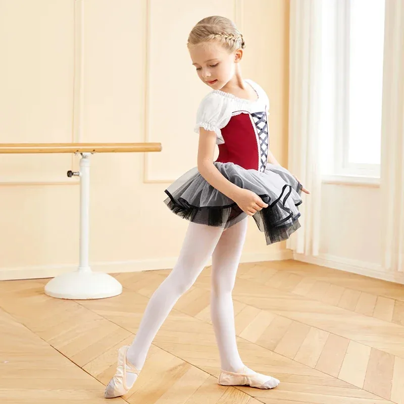 

Элегантное контрастное сетчатое танцевальное платье для девочек, балетное платье-пачка с пышными рукавами, трико для выступлений, детская вечерние танцевальная одежда из тюля