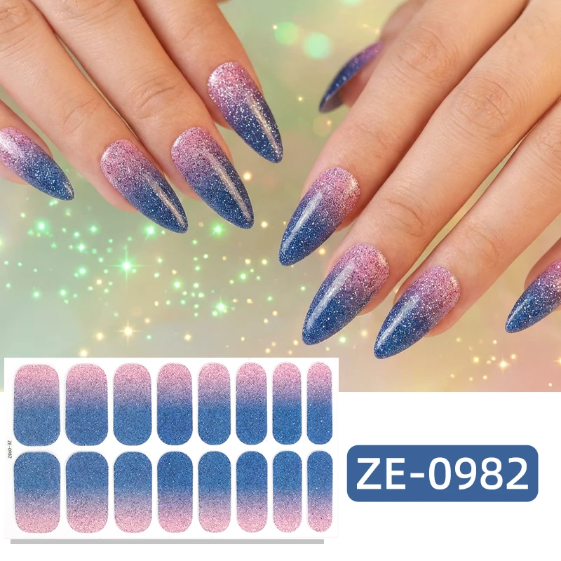 16Tips Gradient Sparkling Full Cover Nail Polish Strips Glitter Adhesive Nail Wraps Manicure Decoration Nail Sticker