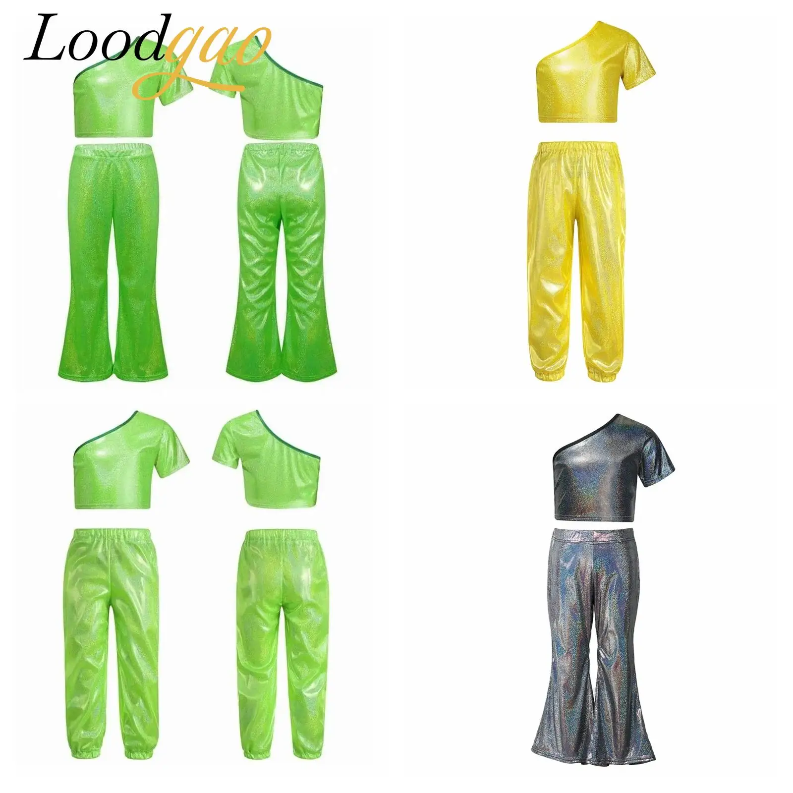 

Girls Metallic Jazz Dance Costume Shiny Performance Clothes Sets Children Stage Dance Outfits Kids Flared Pants Hip Hop Suits