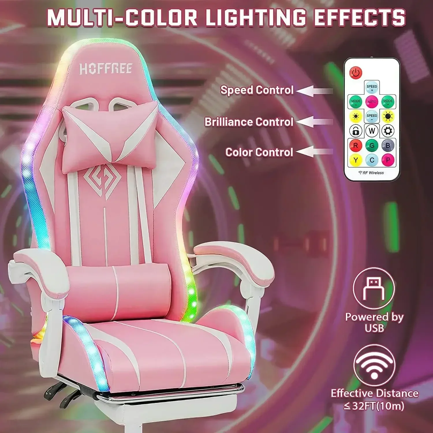 Forniture per mobiliSedia da gioco per computer Rosa con altoparlanti Bluetooth e luci LED RGB per ragazze Poltrona da massaggio con poggiapiedi Cu