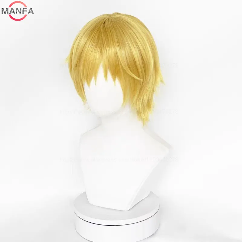 أنيمي قطعة واحدة شعر مستعار تأثيري سانجي شعر مستعار قصير مستقيم الذهبي الأصفر مقاومة للحرارة الاصطناعية الشعر أنيمي الباروكات + غطاء شعر مستعار #4