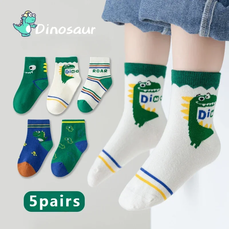 5 Pairs Children Kids Socks Cartoon Dinosaur Sup Man New Fall Winter Cartoon Boy Children Mid-calf Socks Cotton Sock for Girl