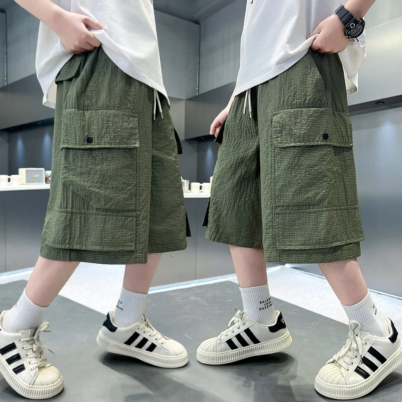 

Loose Straight Khaki Army Green Mid-Calf Pants Teenage Child Casual Capris Bottoms New Summer Boys Linen Shorts with Pocket Kids